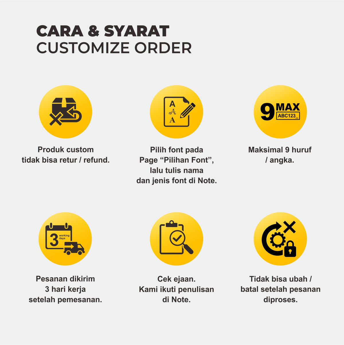 An informational graphic in Indonesian titled 'CARA & SYARAT CUSTOMIZE ORDER' with six yellow circular icons and short text explaining customization order requirements, including font selection on a Note page, maximum 9 characters, delivery time of 3 hours, and order status checks.