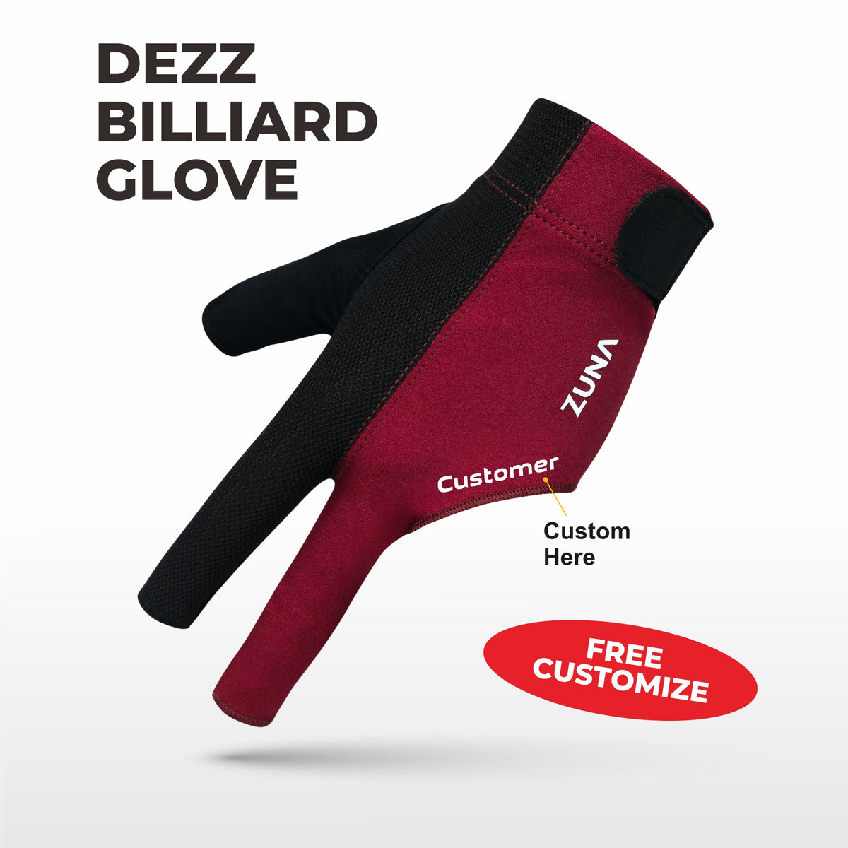 Customize Zuna Gloves Billiard Unisex Dezz Half Finger - Sarung Tangan Billiard Custom Nama