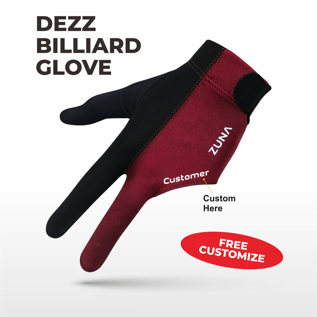 Customize Zuna Gloves Billiard Unisex Dezz Full Finger - Sarung Tangan Billiard Custom Nama